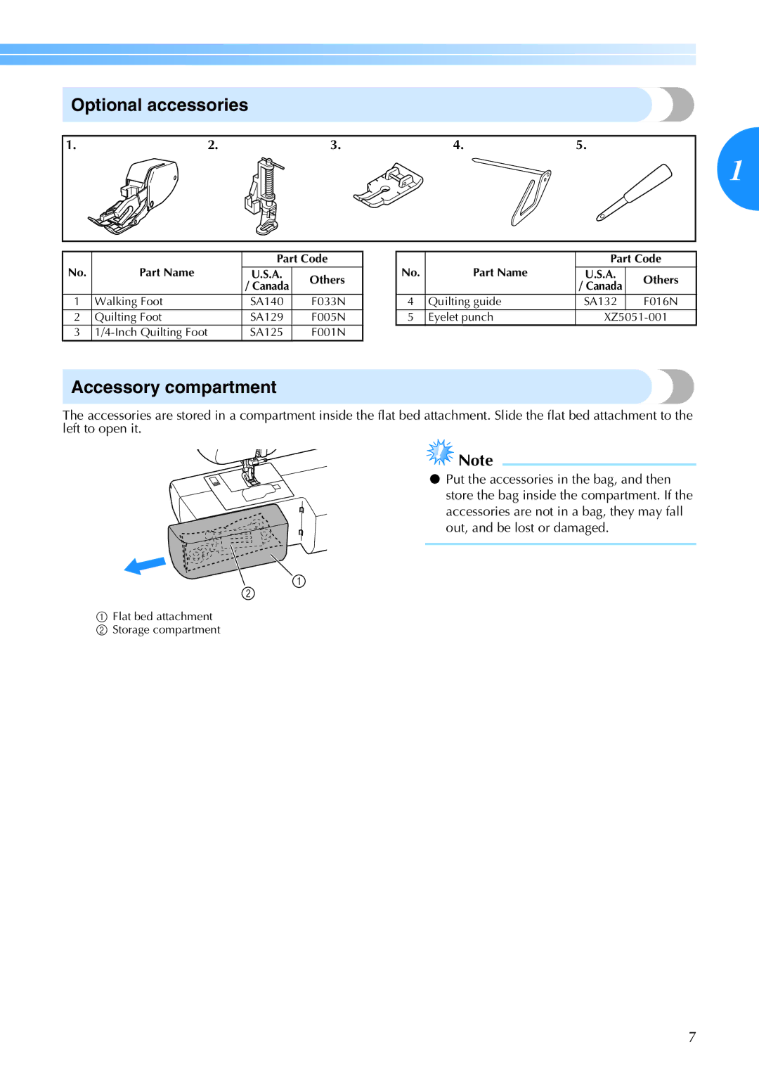 Brother Brother CP-6500 operation manual Optional accessories, Accessory compartment 