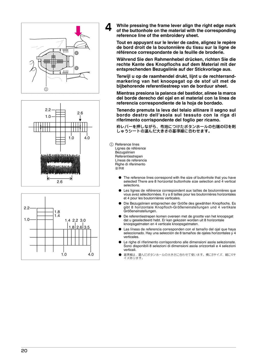 Brother Button Hole Kit operation manual 枠レバーを押しながら、布地につけたボタンホールの右端の印を刺 しゅうシートの選んだ大きさの基準線に合わせます。 