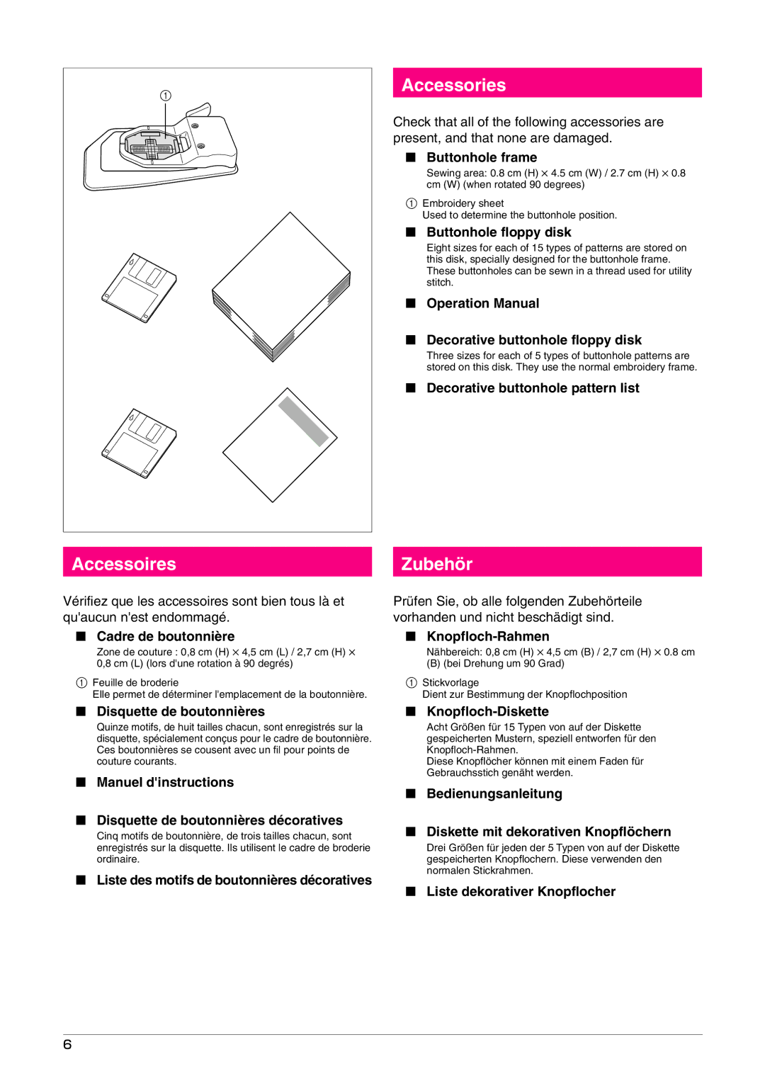 Brother Button Hole Kit operation manual Accessoires, Accessories, Zubehör 