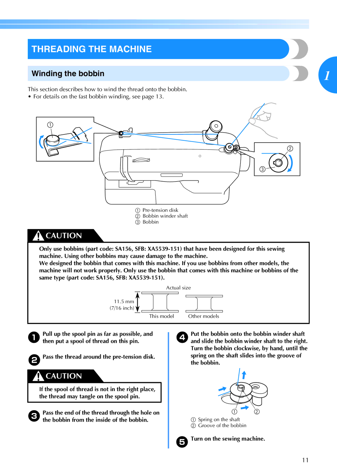 Brother CE 500PRW operation manual Threading the Machine, Winding the bobbin, Pass the thread around the pre-tension disk 