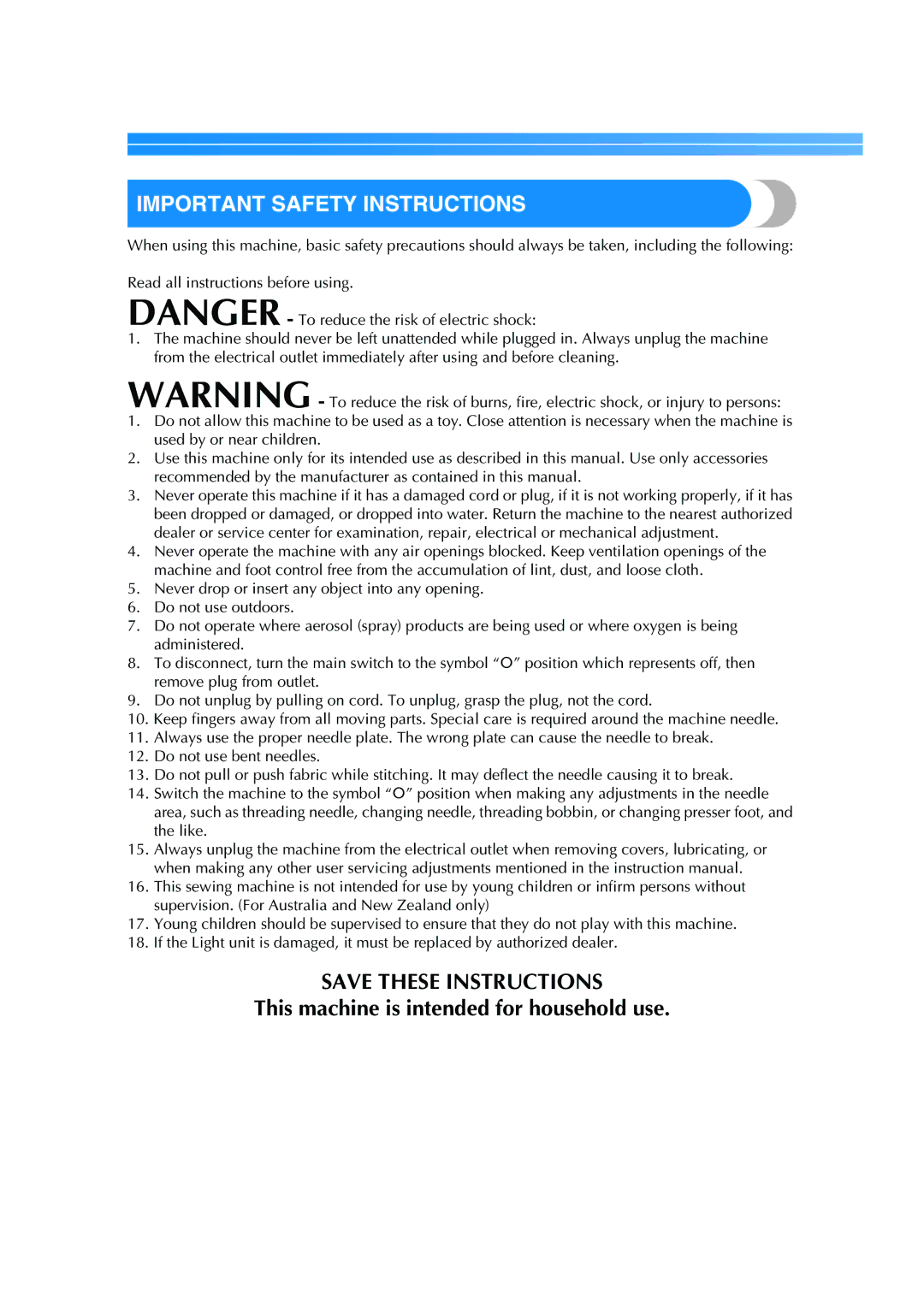 Brother CE 500PRW operation manual Important Safety Instructions 