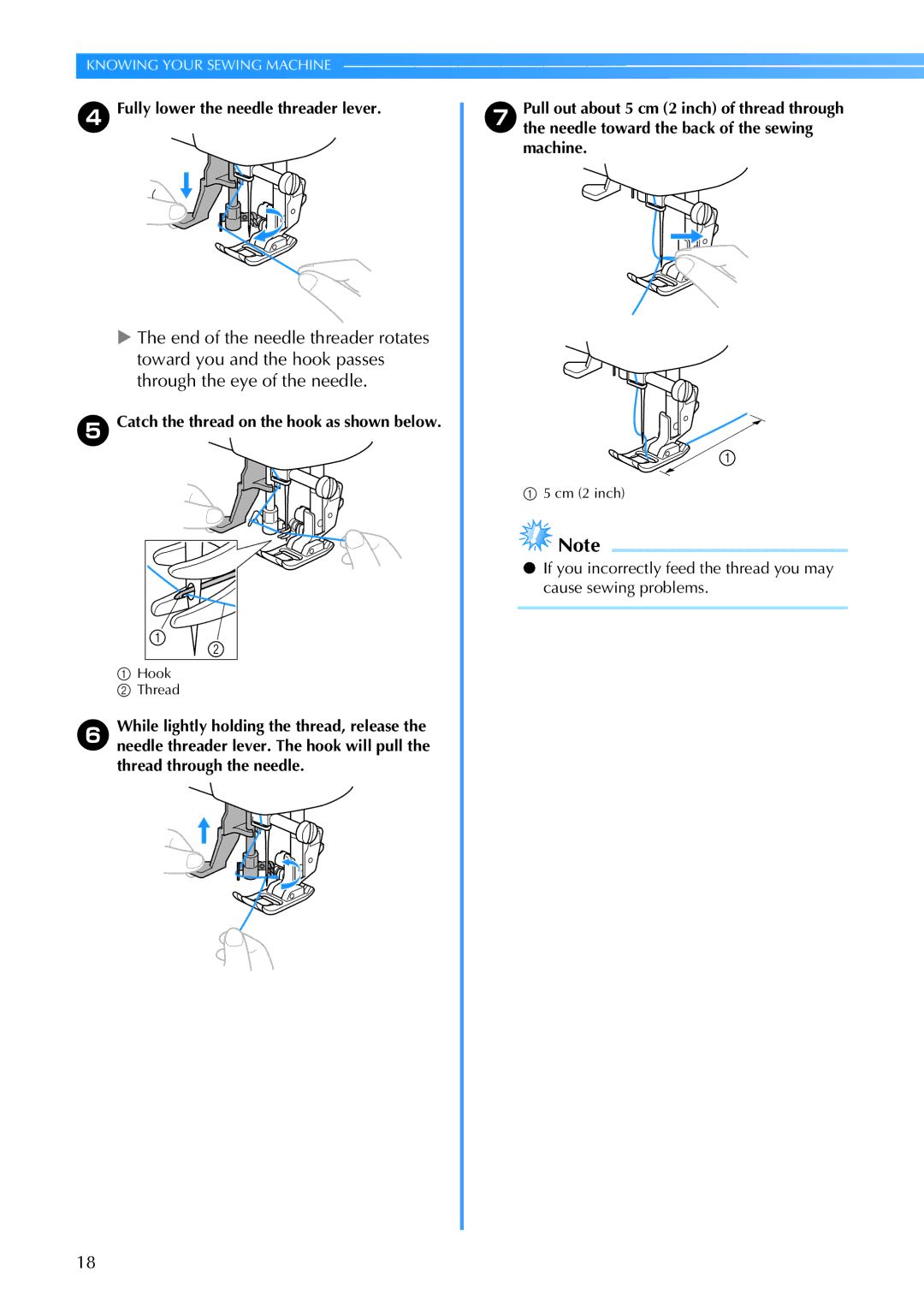 Brother CE 500PRW operation manual DFully lower the needle threader lever, Catch the thread on the hook as shown below 