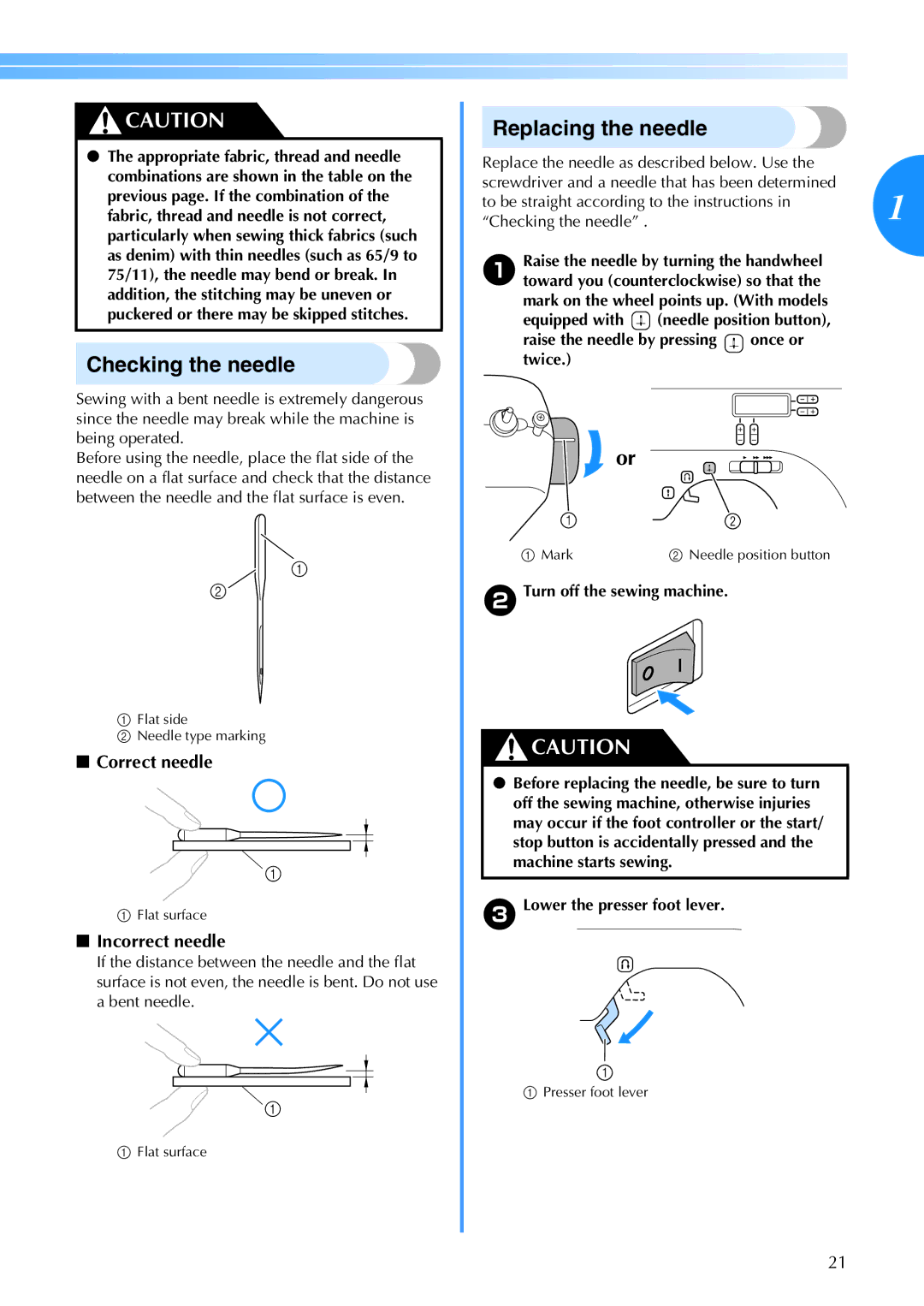 Brother CE 500PRW operation manual Checking the needle, Replacing the needle, Correct needle, Incorrect needle 