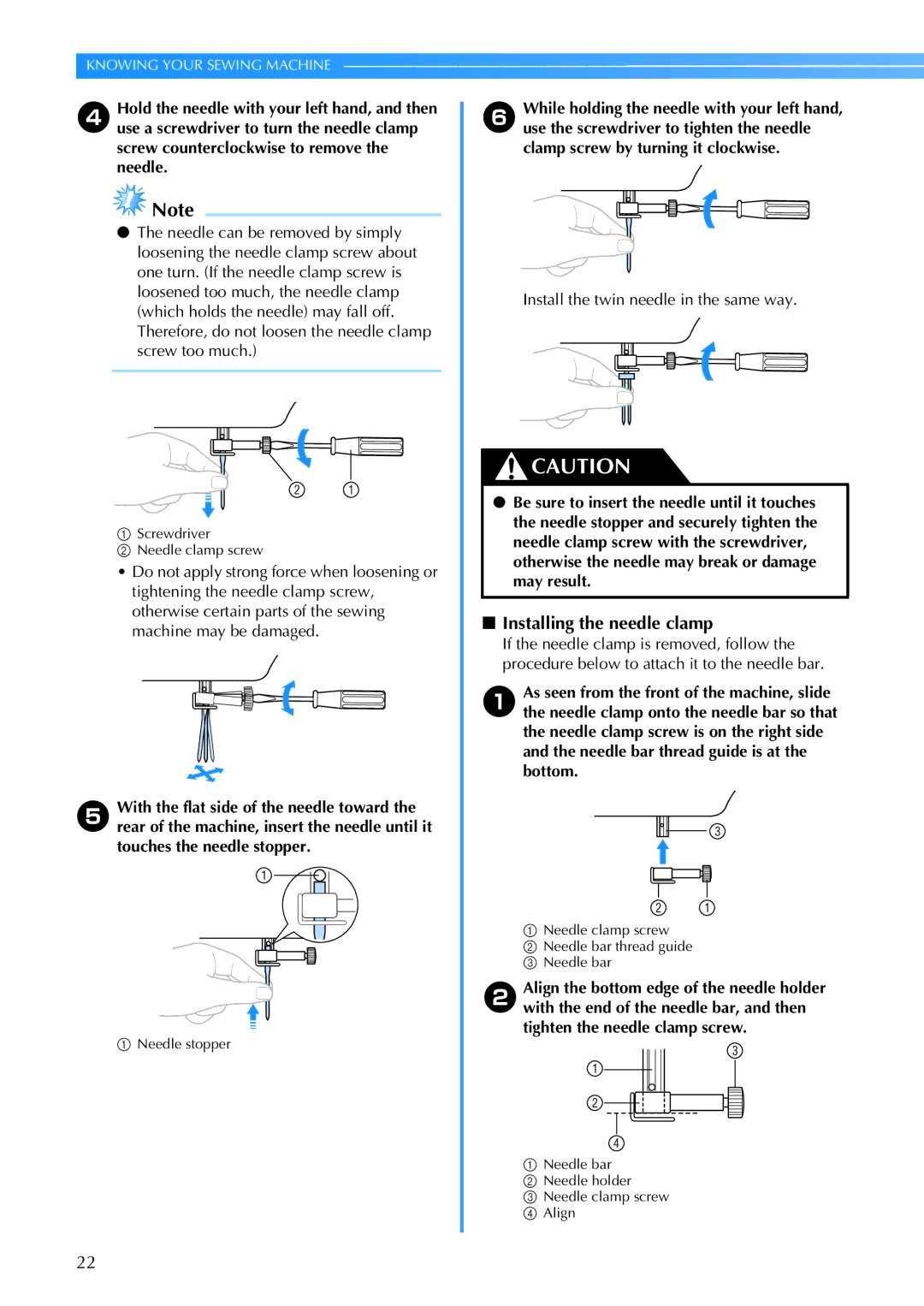 Brother CE 500PRW operation manual Installing the needle clamp 