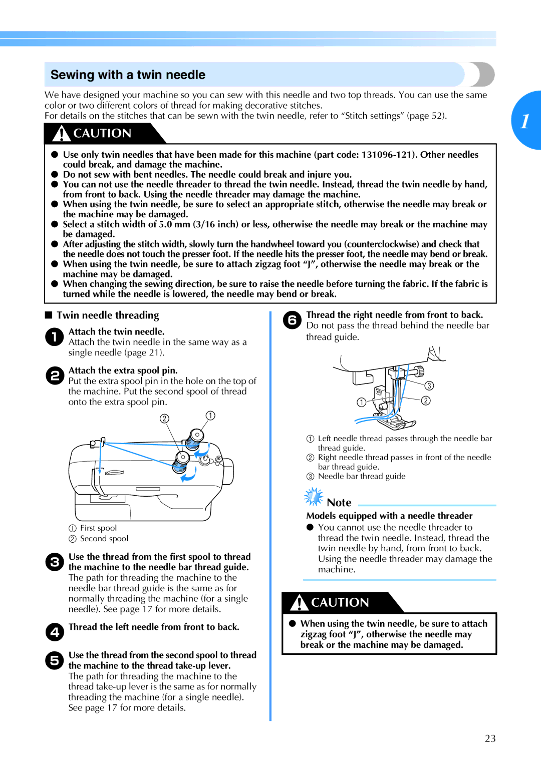 Brother CE 500PRW operation manual Sewing with a twin needle, Twin needle threading 