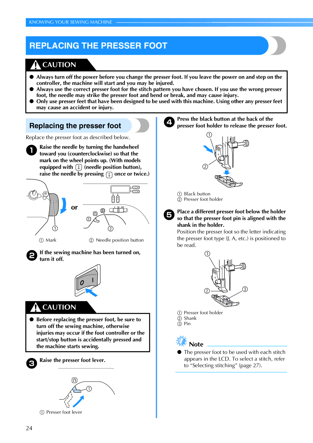 Brother CE 500PRW Replacing the Presser Foot, Replacing the presser foot, Mark on the wheel points up. With models 