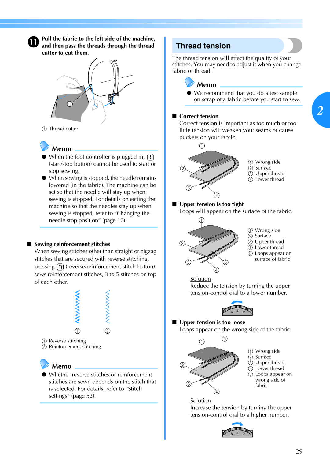 Brother CE 500PRW Thread tension, Sewing reinforcement stitches, Correct tension, Upper tension is too tight 