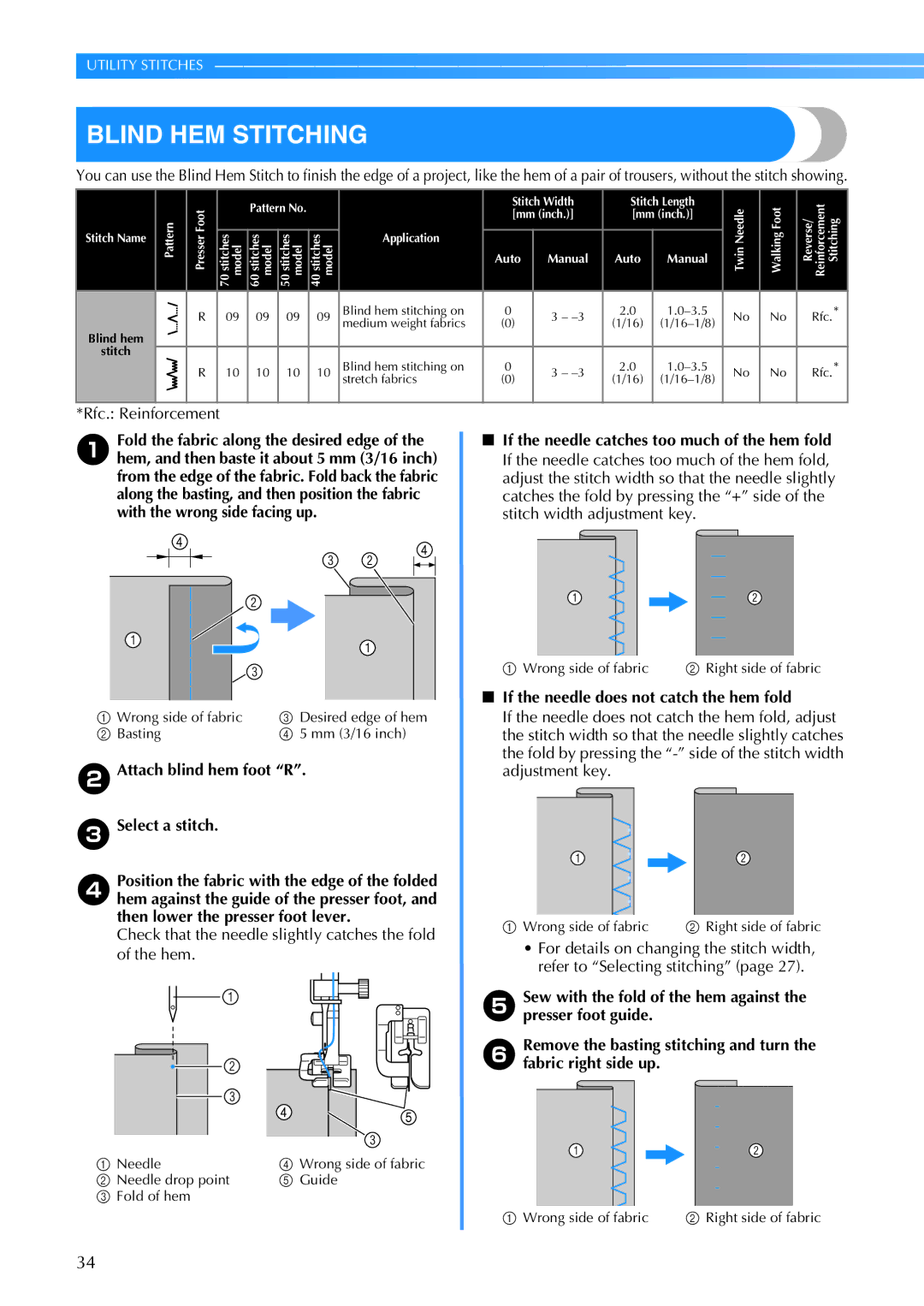 Brother CE 500PRW operation manual Blind HEM Stitching, BAttach blind hem foot R CSelect a stitch 