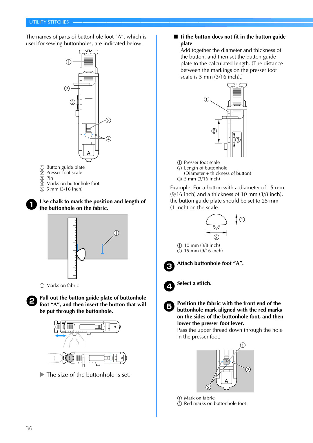 Brother CE 500PRW operation manual Size of the buttonhole is set, If the button does not fit in the button guide plate 