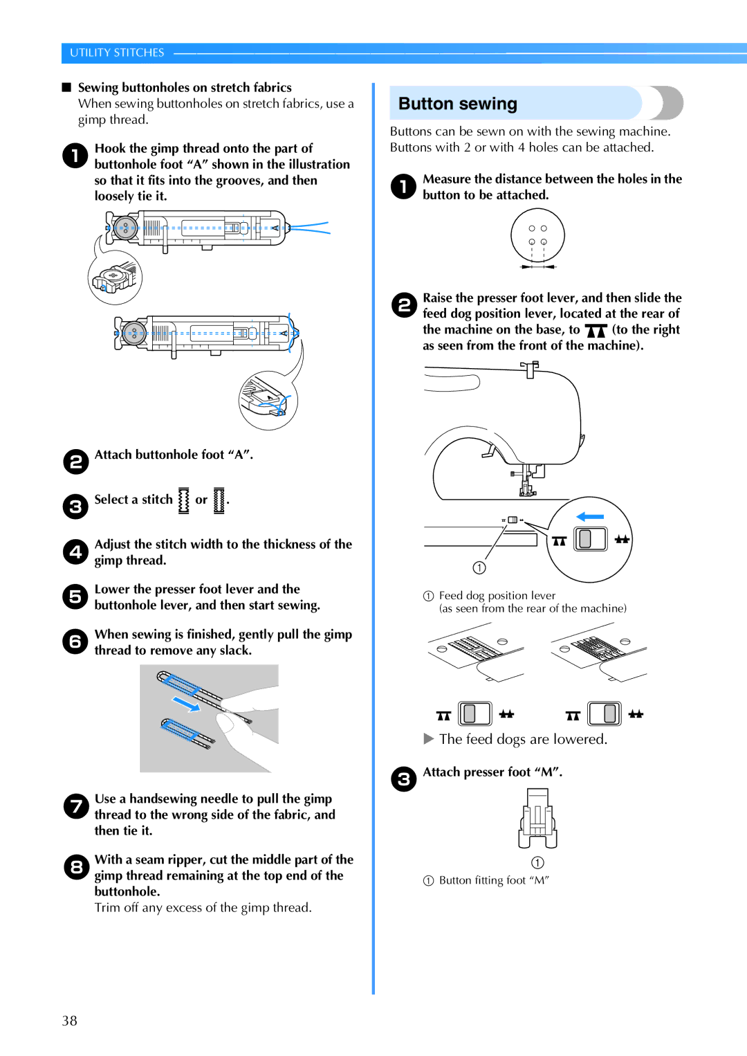 Brother CE 500PRW operation manual Button sewing, Sewing buttonholes on stretch fabrics, CAttach presser foot M 