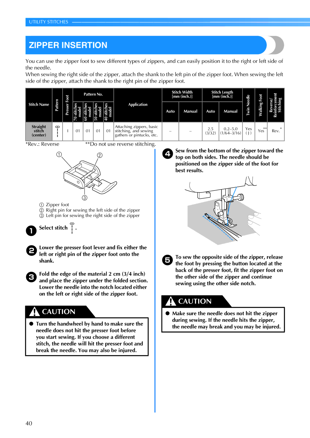 Brother CE 500PRW operation manual Zipper Insertion, Rev. Reverse 