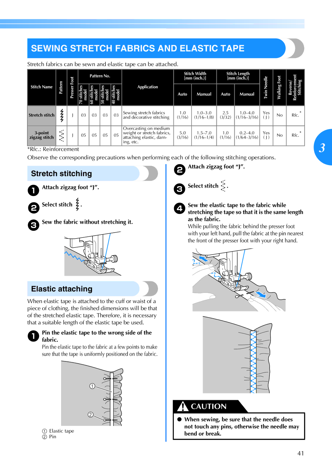 Brother CE 500PRW operation manual Sewing Stretch Fabrics and Elastic Tape, Stretch stitching, Elastic attaching 