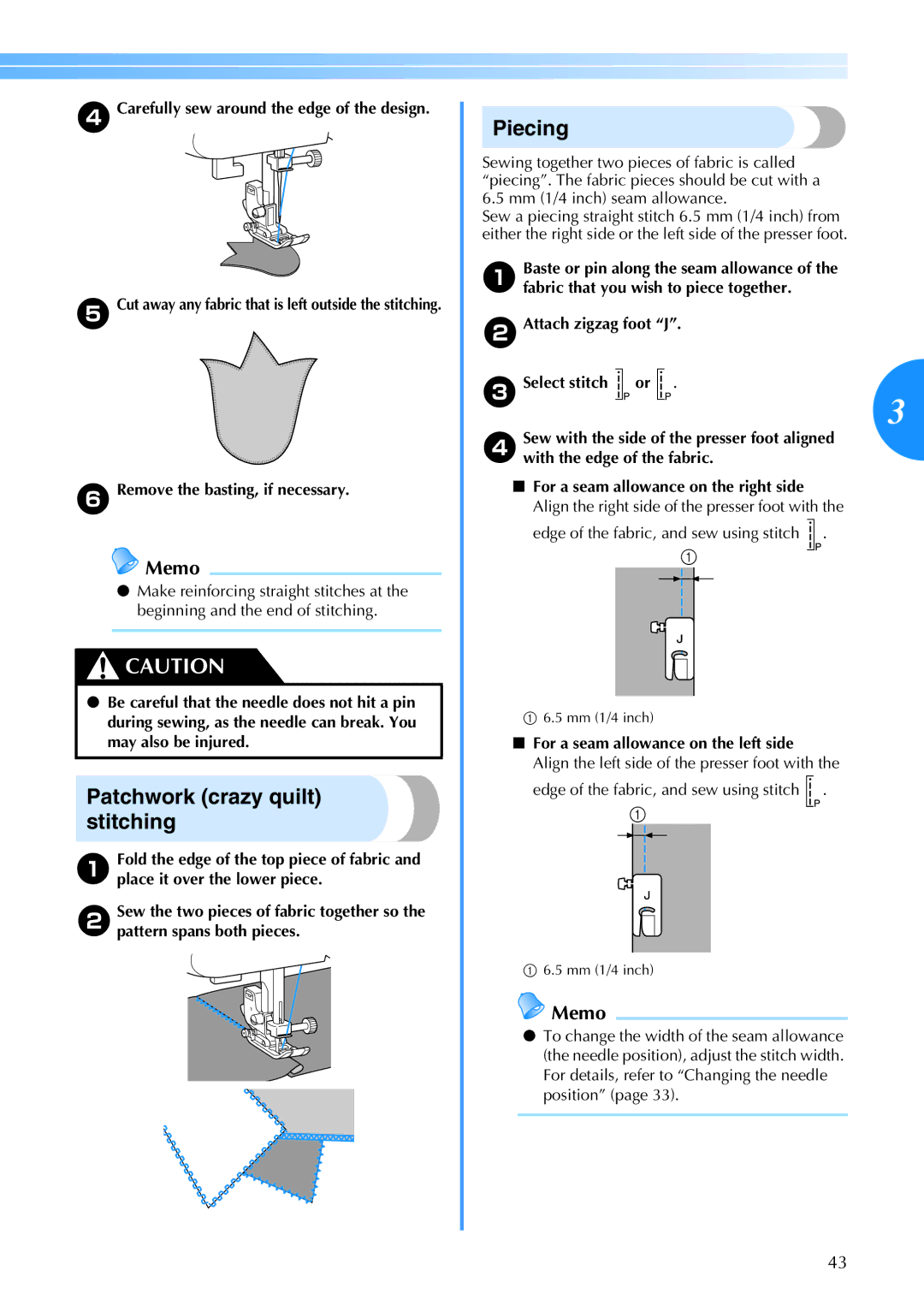 Brother CE 500PRW operation manual Patchwork crazy quilt stitching, Piecing 