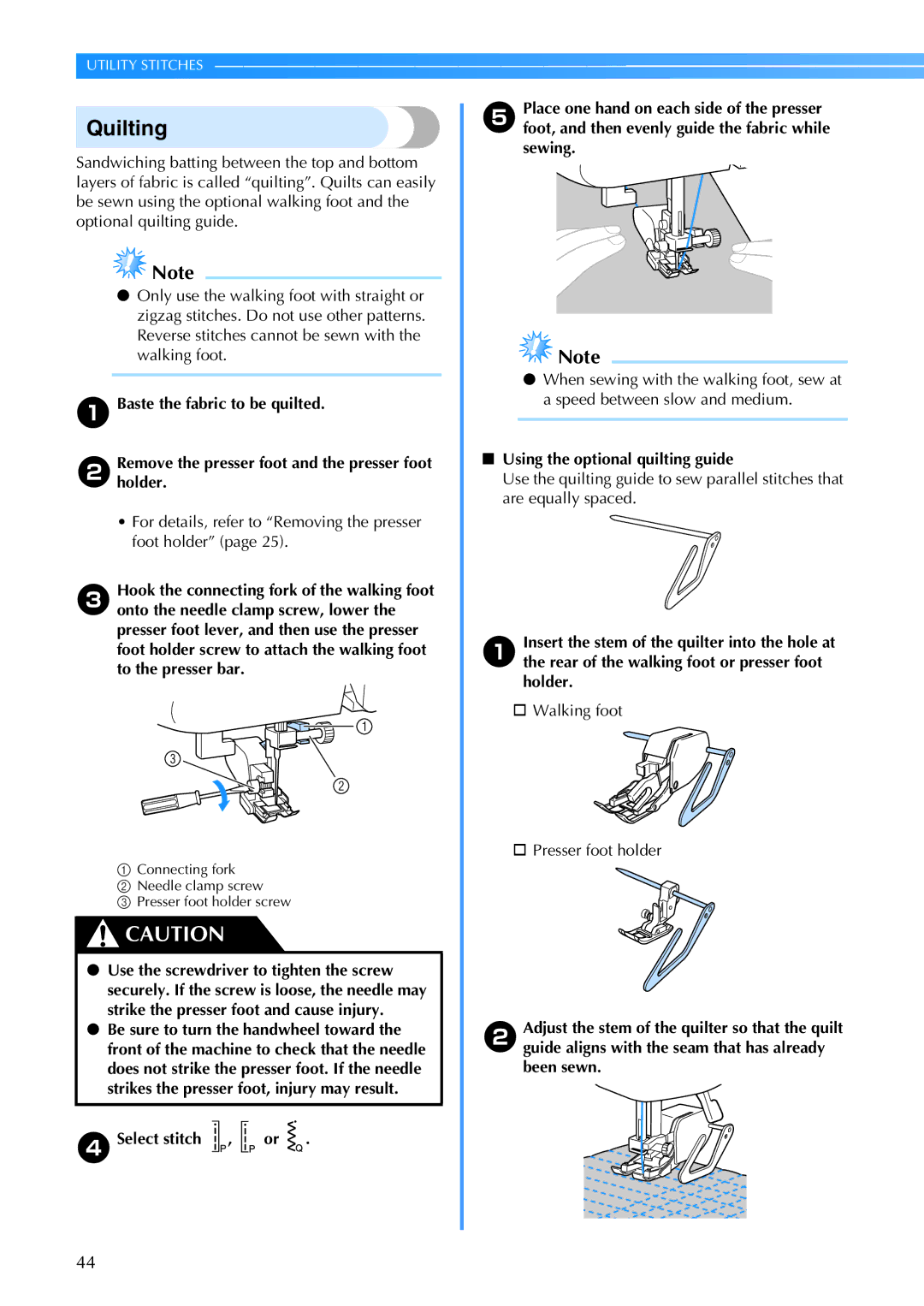 Brother CE 500PRW Quilting, Baste the fabric to be quilted, DSelect stitch , or, Sewing, Using the optional quilting guide 