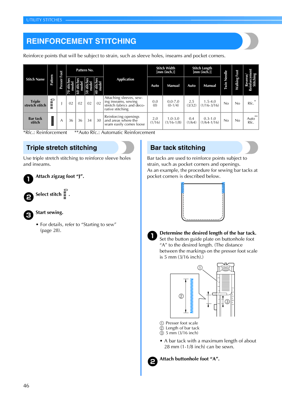 Brother CE 500PRW operation manual Reinforcement Stitching, Triple stretch stitching, Bar tack stitching 