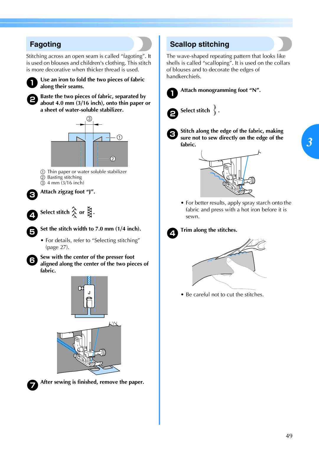 Brother CE 500PRW operation manual Fagoting, Scallop stitching, DTrim along the stitches 