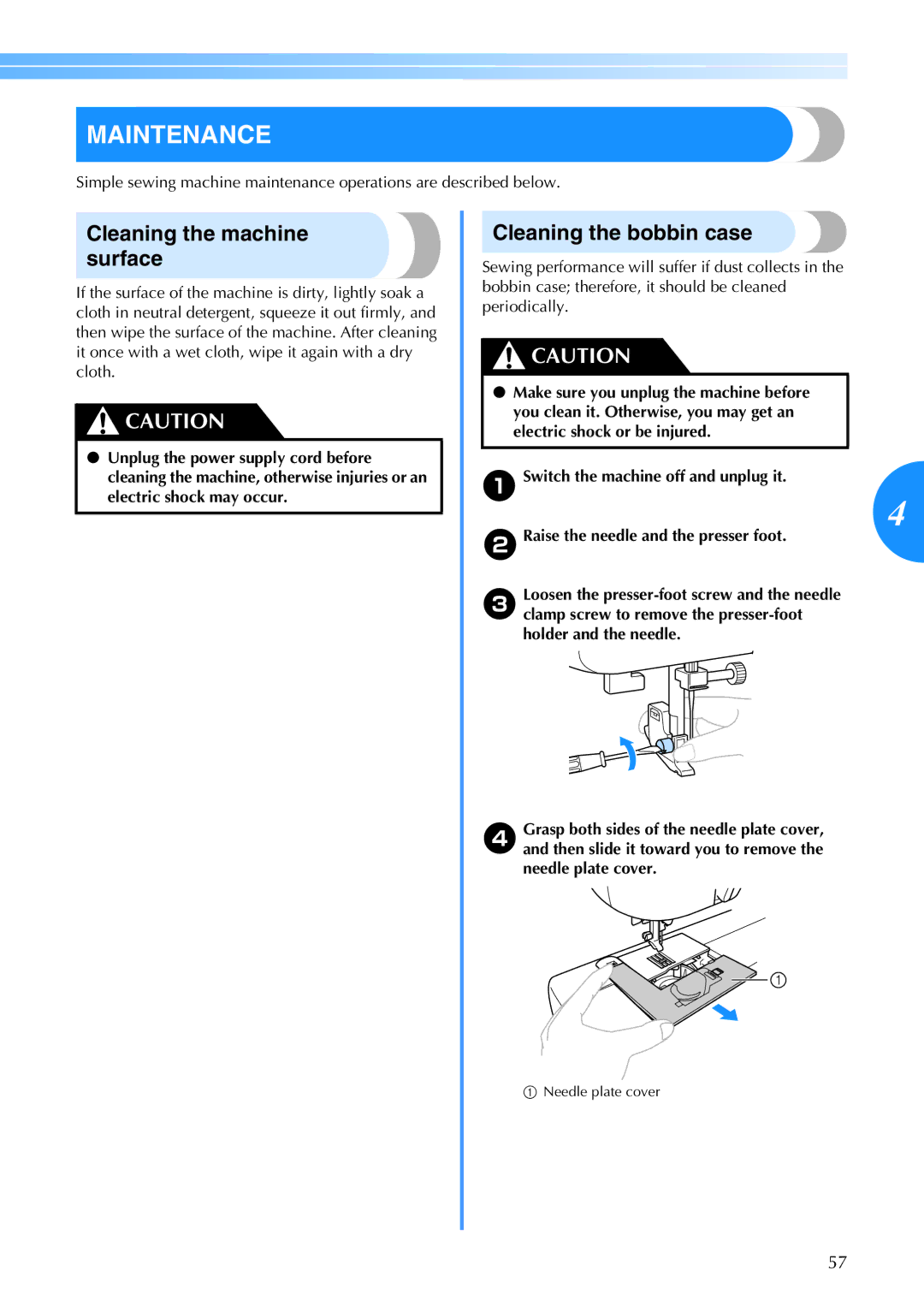 Brother CE 500PRW operation manual Maintenance, Cleaning the machine surface, Cleaning the bobbin case 