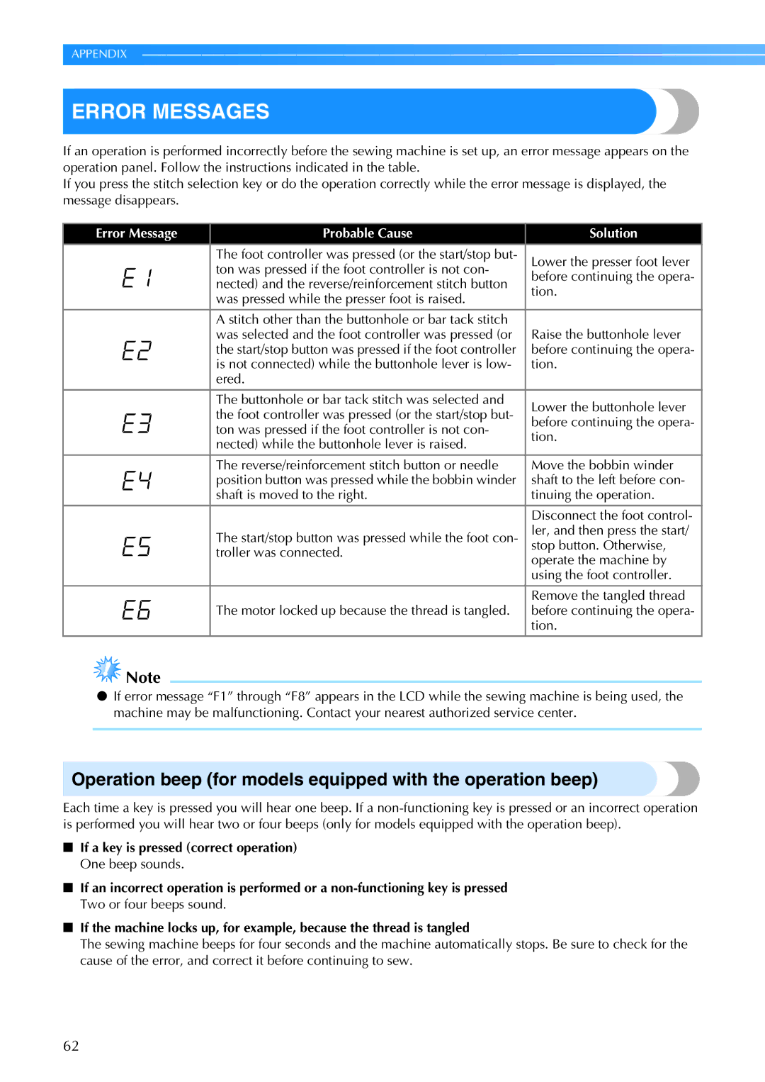 Brother CE 500PRW operation manual Error Messages, Operation beep for models equipped with the operation beep 