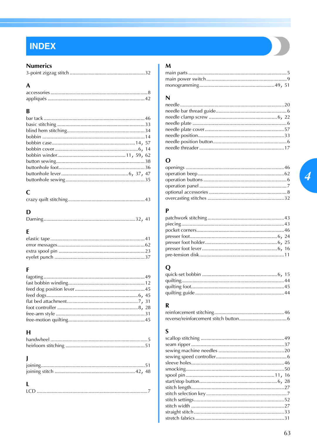 Brother CE 500PRW operation manual Index, Numerics 