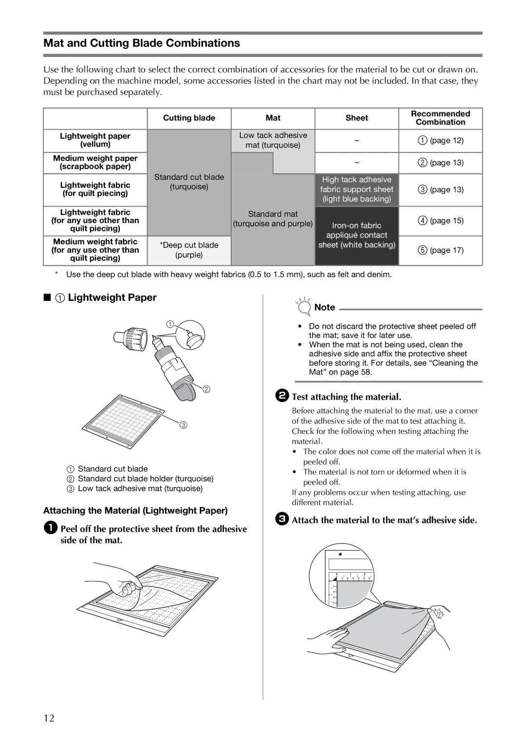 Brother CM100DM operation manual Mat and Cutting Blade Combinations, Lightweight Paper, BTest attaching the material 