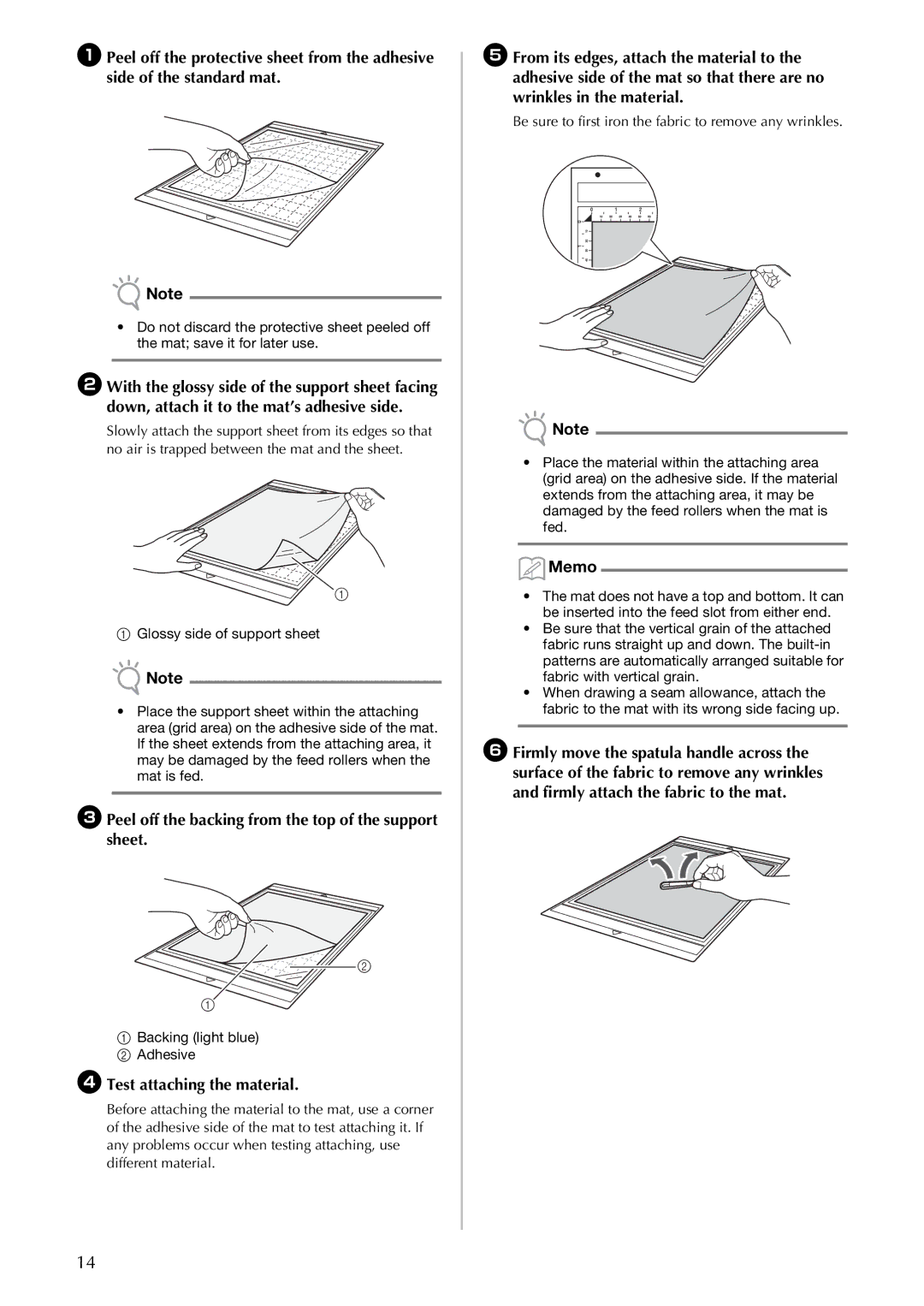 Brother CM100DM operation manual CPeel off the backing from the top of the support sheet, DTest attaching the material 