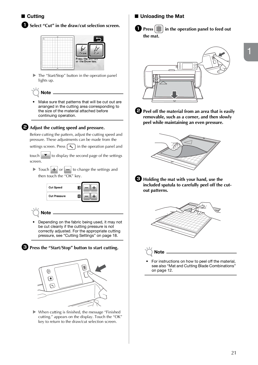 Brother CM100DM operation manual Cutting, Unloading the Mat 