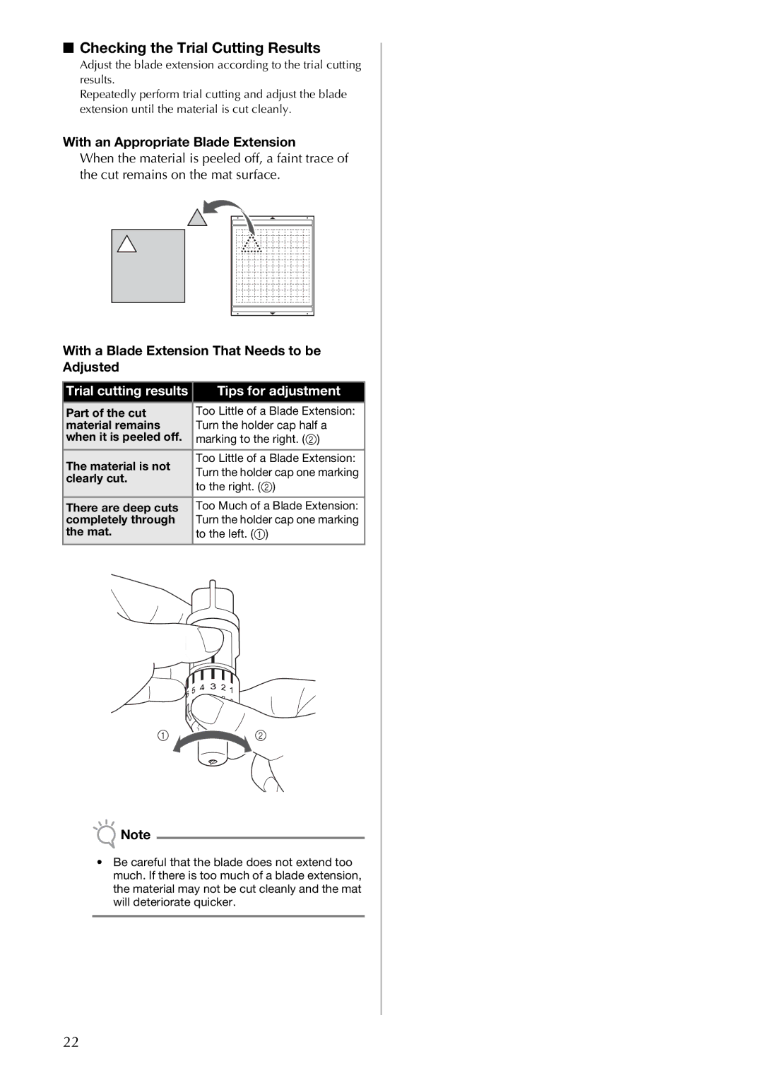 Brother CM100DM operation manual Checking the Trial Cutting Results, With an Appropriate Blade Extension 