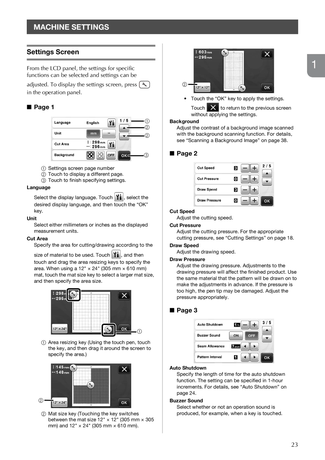 Brother CM100DM operation manual Machine Settings, Settings Screen 