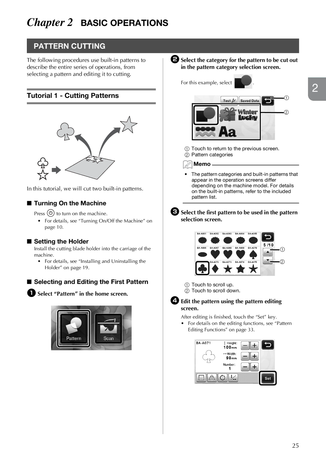 Brother CM100DM Basic Operations, Pattern Cutting, Tutorial 1 Cutting Patterns, Selecting and Editing the First Pattern 