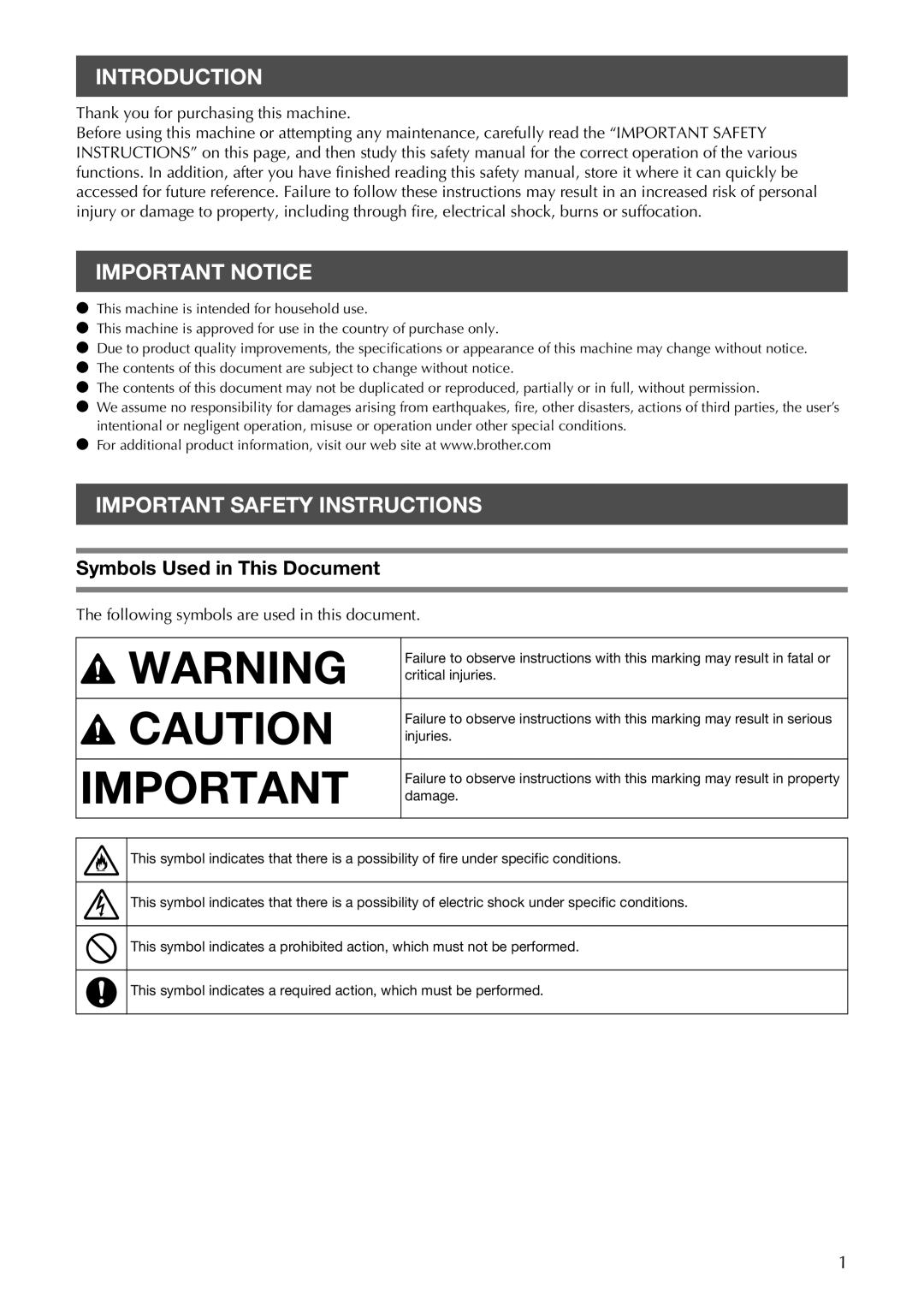 Brother CM100DM Introduction, Important Notice, Important Safety Instructions, Symbols Used in This Document 