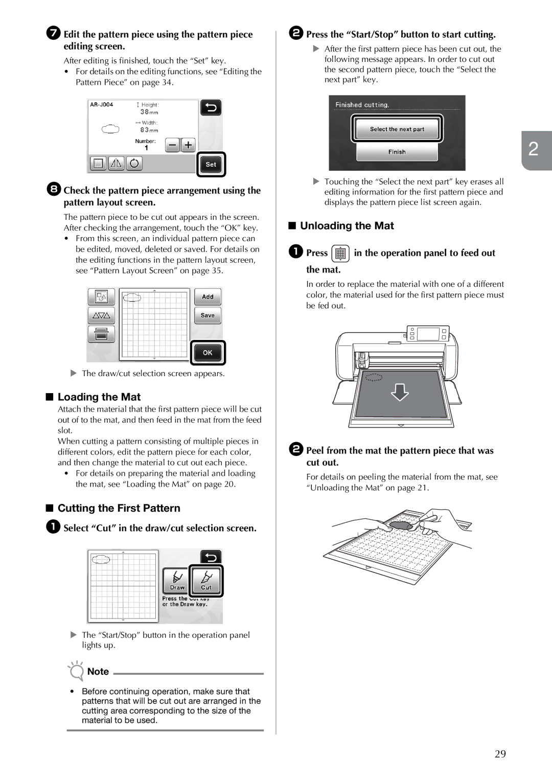 Brother CM100DM operation manual Cutting the First Pattern, BPress the Start/Stop button to start cutting 