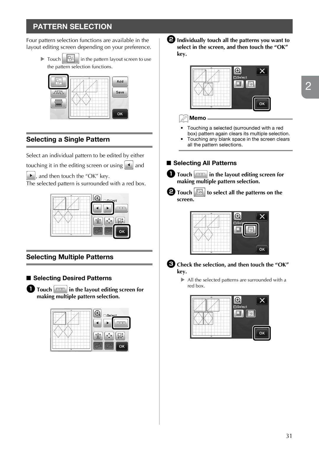 Brother CM100DM Pattern Selection, Selecting a Single Pattern, Selecting Multiple Patterns, Selecting Desired Patterns 