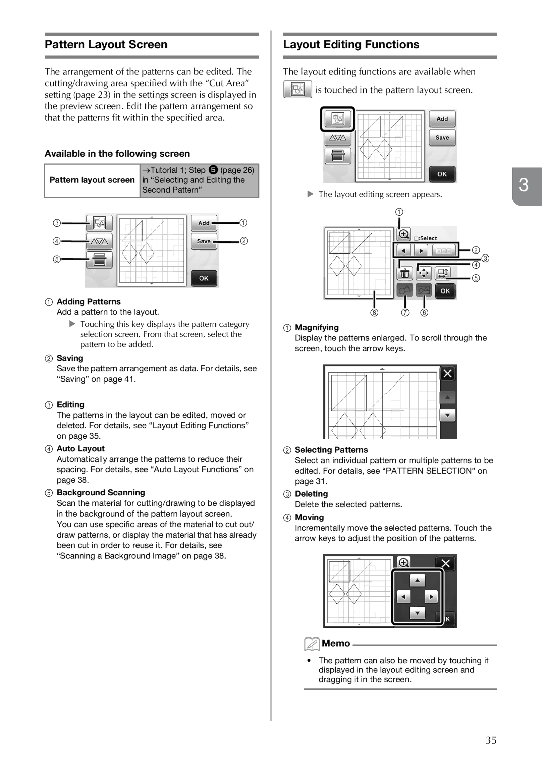 Brother CM100DM operation manual Pattern Layout Screen, Layout Editing Functions 