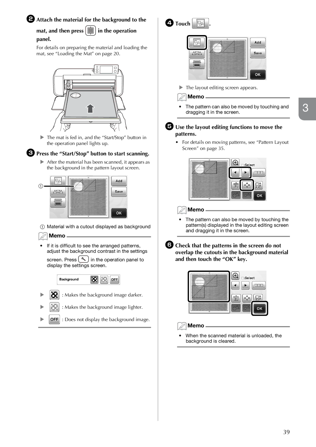 Brother CM100DM CPress the Start/Stop button to start scanning, Touch, Material with a cutout displayed as background 