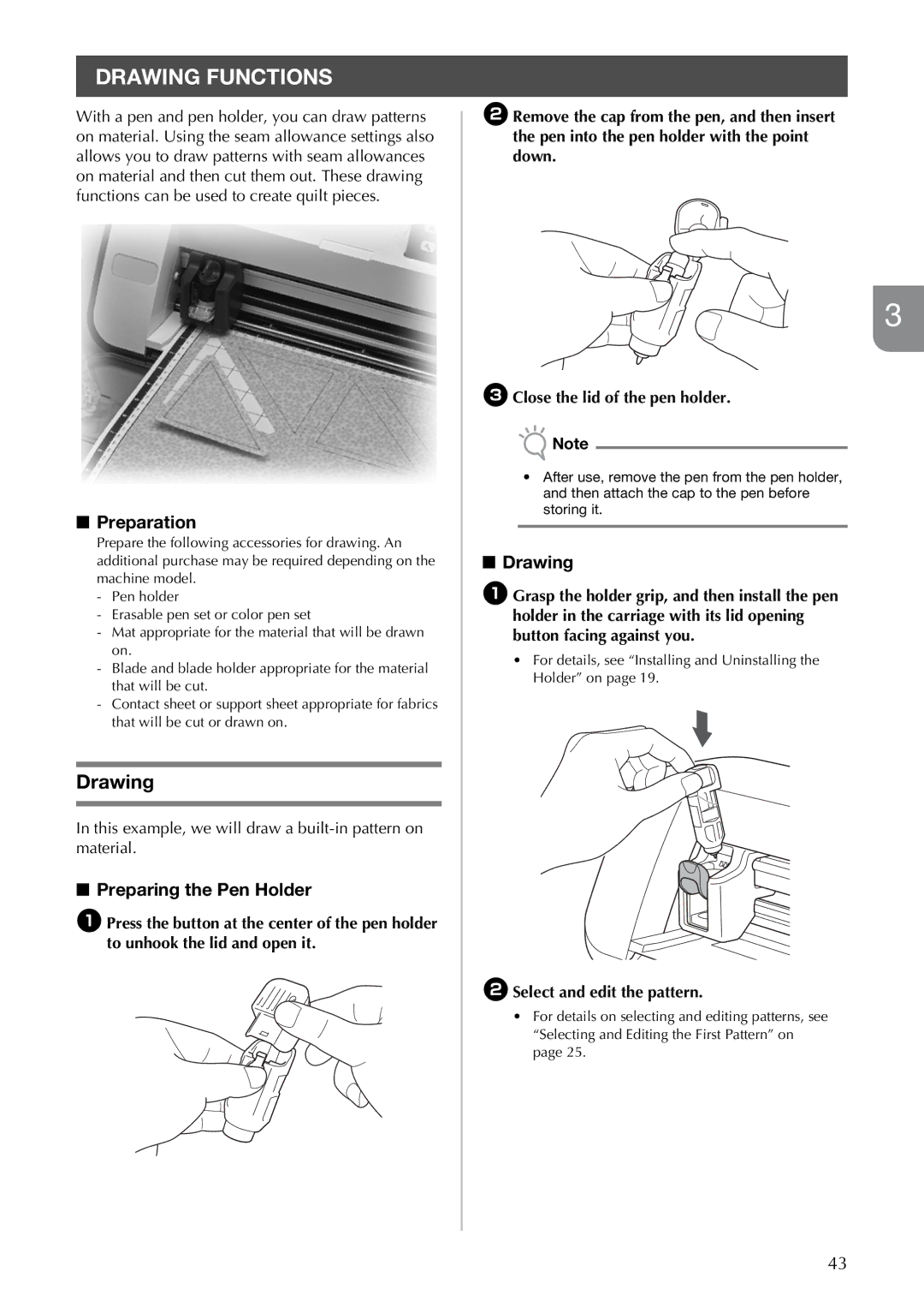 Brother CM100DM operation manual Drawing Functions, Preparation, Preparing the Pen Holder 