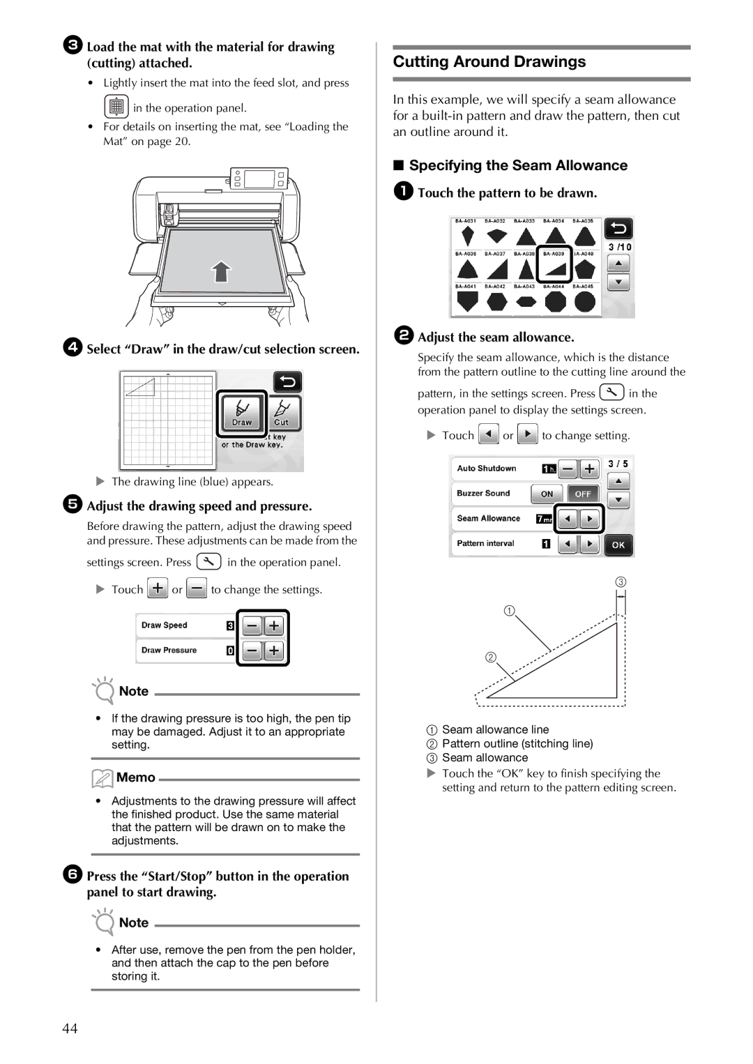 Brother CM100DM Cutting Around Drawings, Specifying the Seam Allowance, DSelect Draw in the draw/cut selection screen 