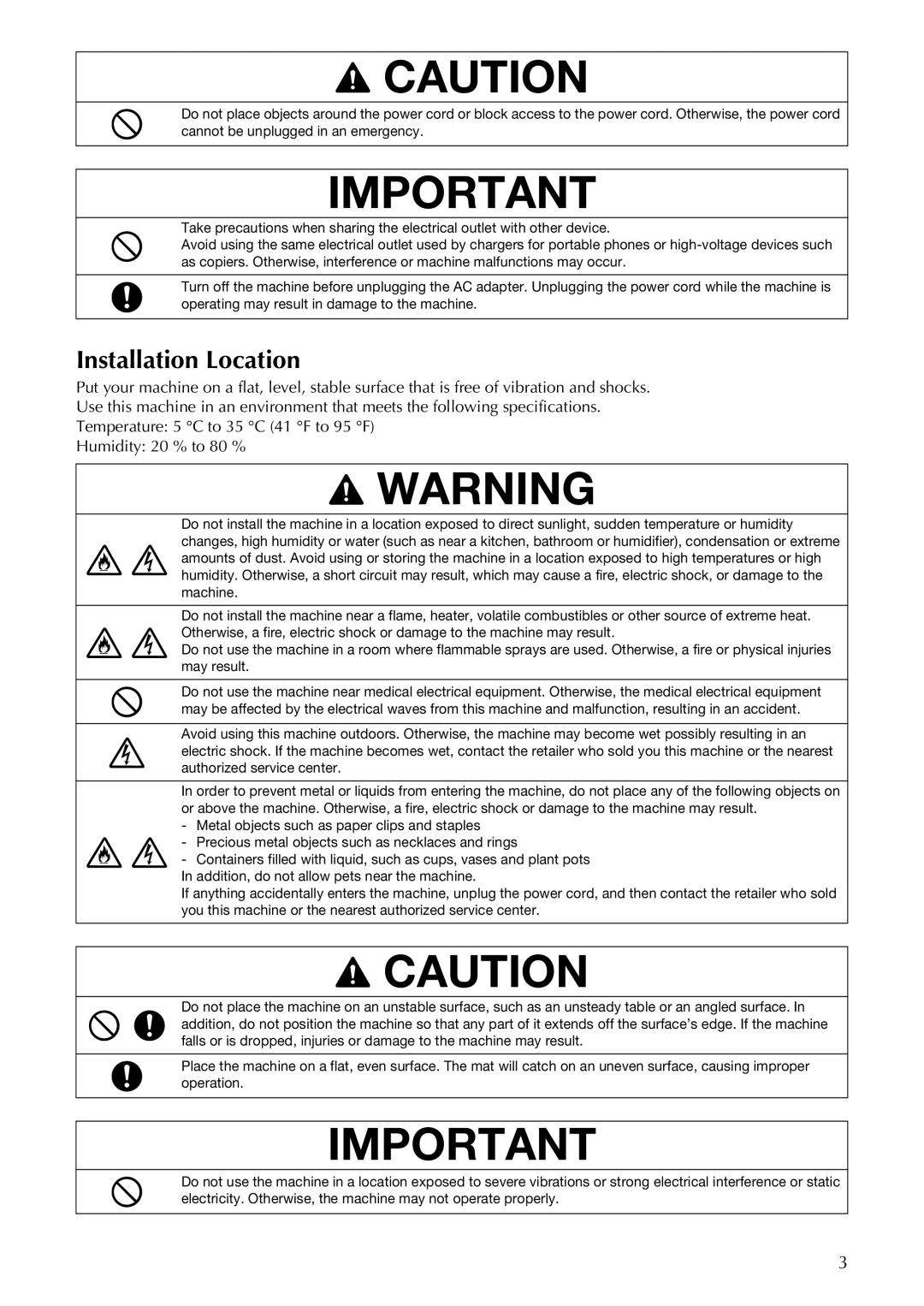 Brother CM100DM operation manual Installation Location 