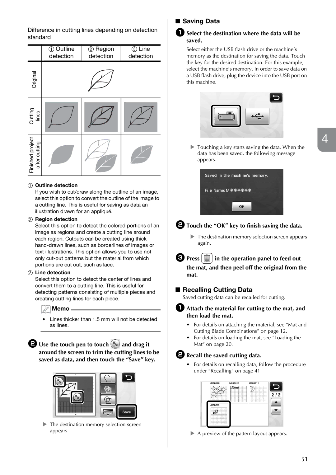 Brother CM100DM operation manual Saving Data, Recalling Cutting Data, ASelect the destination where the data will be saved 