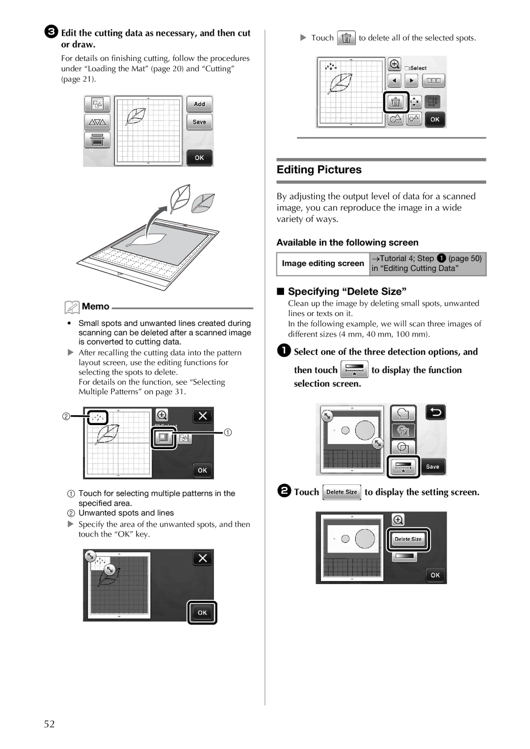 Brother CM100DM Editing Pictures, Specifying Delete Size, CEdit the cutting data as necessary, and then cut or draw 