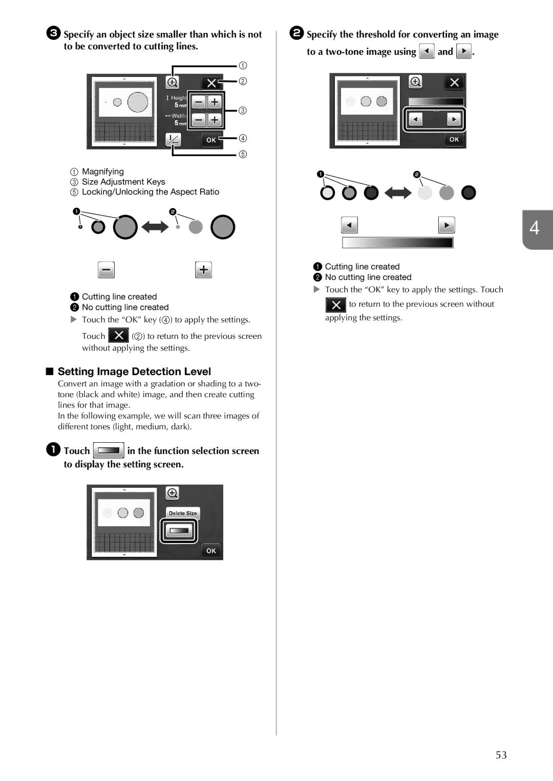 Brother CM100DM operation manual Setting Image Detection Level, Cutting line created No cutting line created 