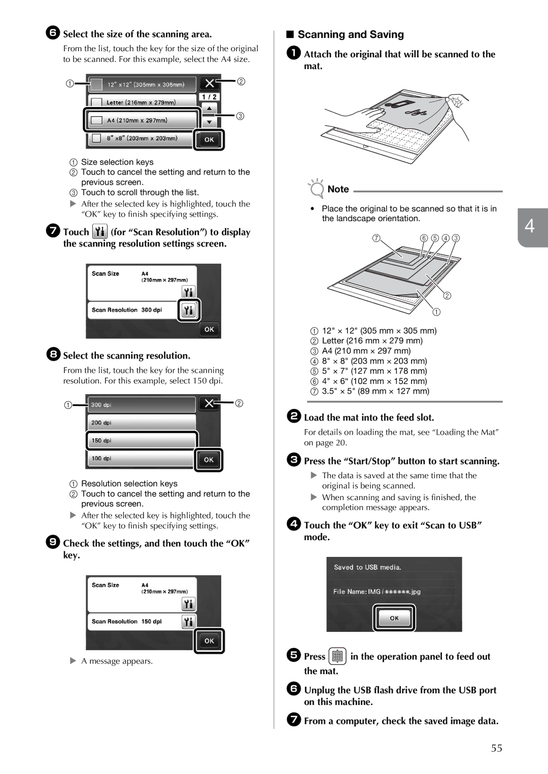 Brother CM100DM Scanning and Saving, FSelect the size of the scanning area, Check the settings, and then touch the OK key 