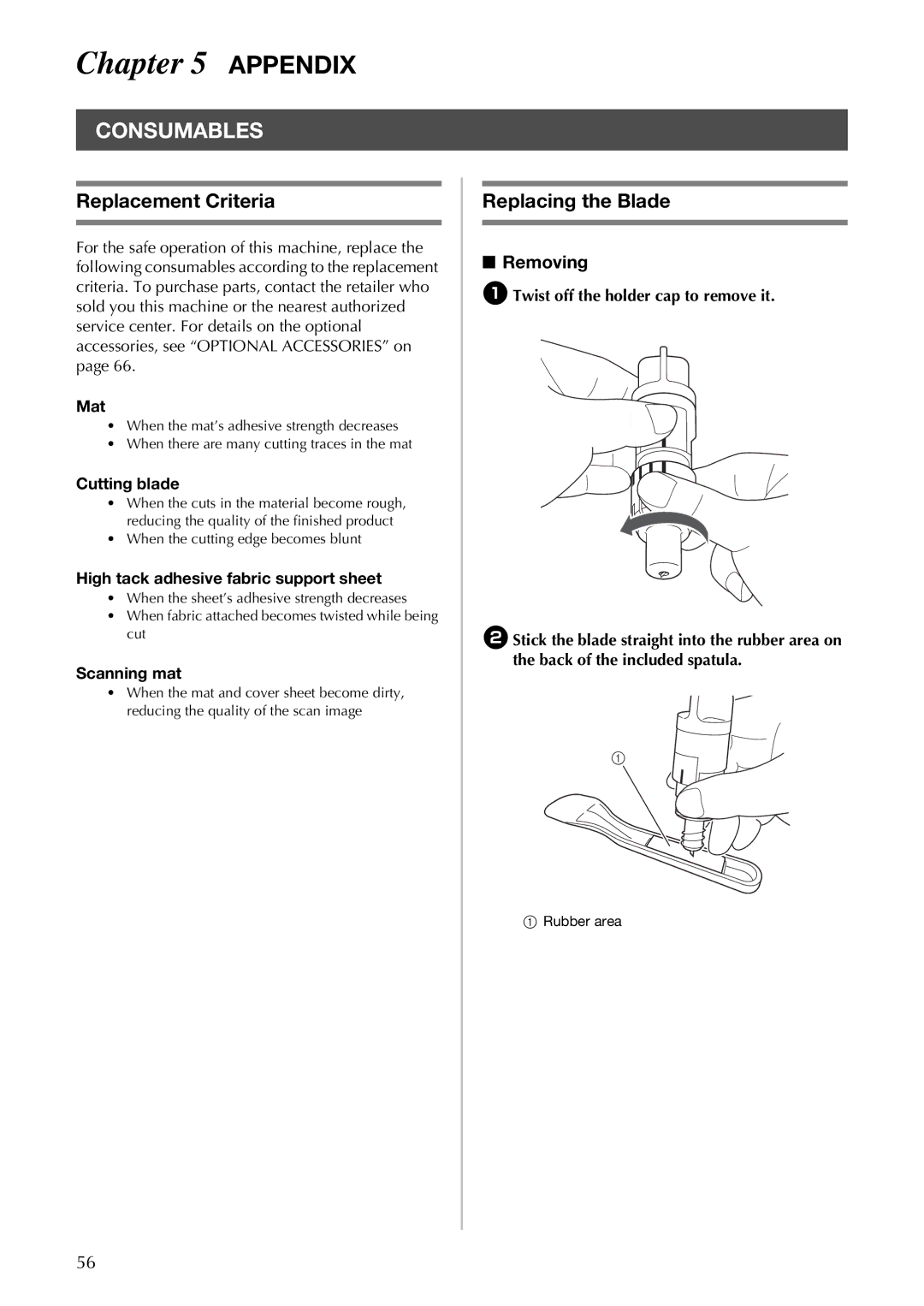 Brother CM100DM operation manual Consumables, Replacement Criteria, Replacing the Blade, Removing 