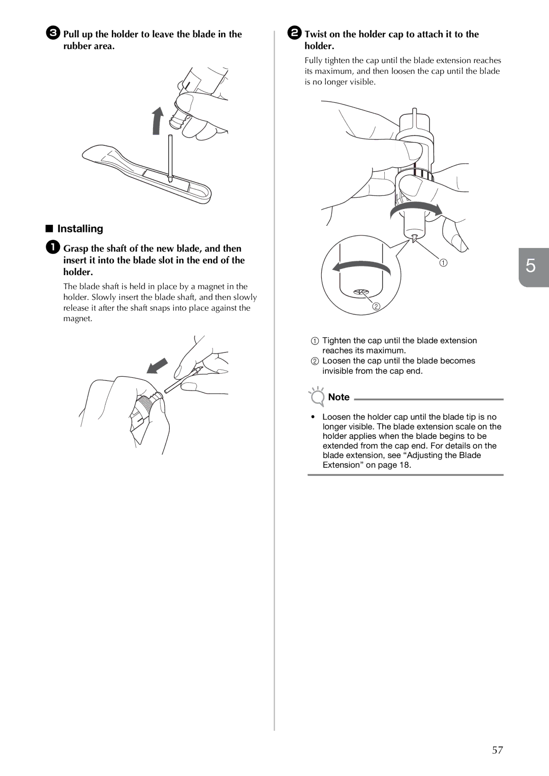 Brother CM100DM operation manual Installing, CPull up the holder to leave the blade in the rubber area 