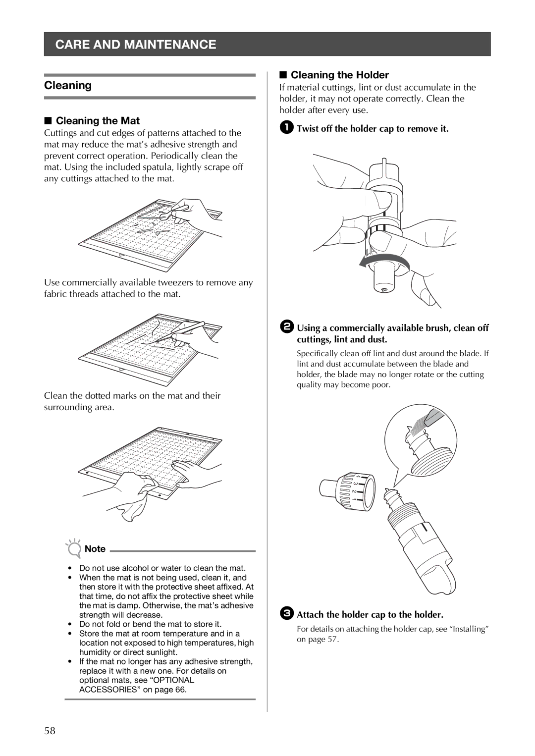 Brother CM100DM Care and Maintenance, Cleaning the Mat, Cleaning the Holder, CAttach the holder cap to the holder 