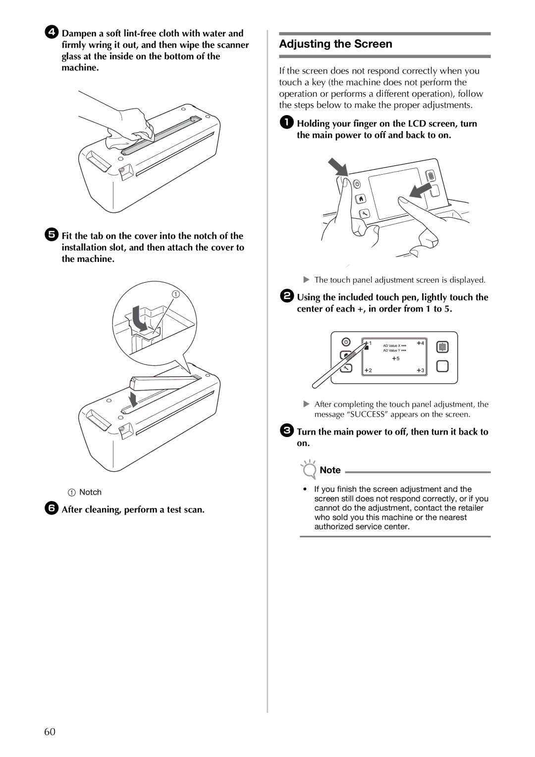 Brother CM100DM operation manual Adjusting the Screen, FAfter cleaning, perform a test scan, Notch 