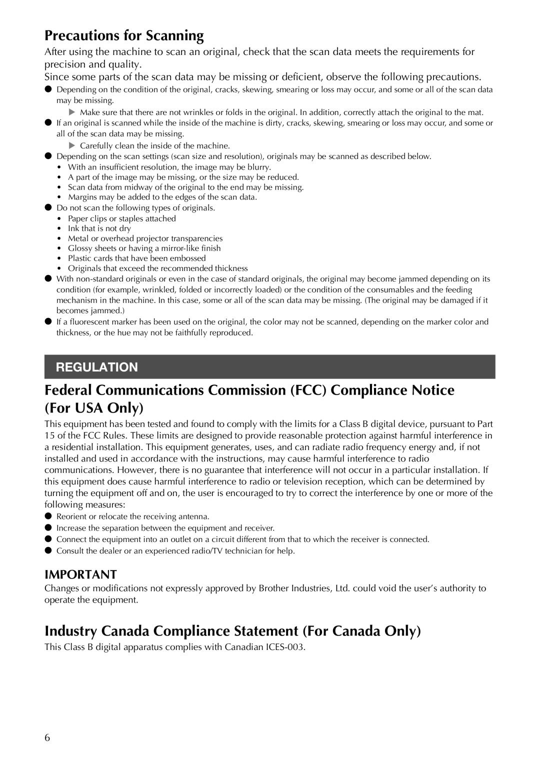 Brother CM100DM operation manual Precautions for Scanning, Industry Canada Compliance Statement For Canada Only, Regulation 