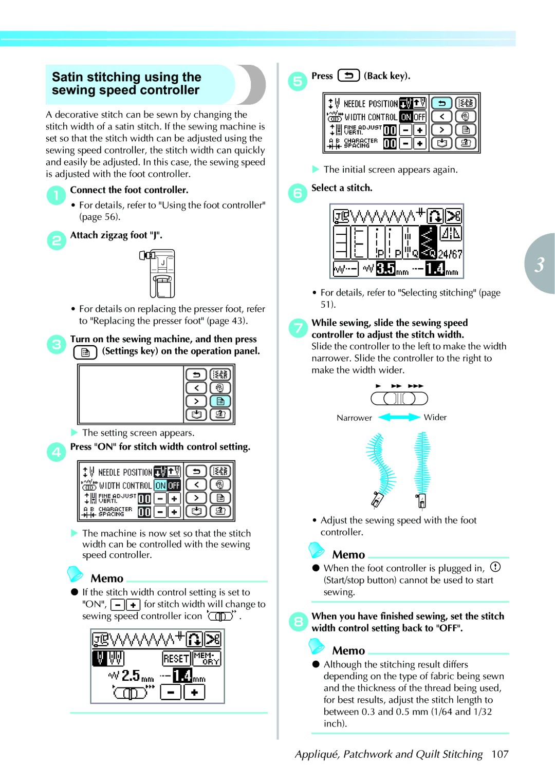 Brother computerized embroidery and sewing machine, 885-V95/V96/V97/V98 Satin stitching using the sewing speed controller 