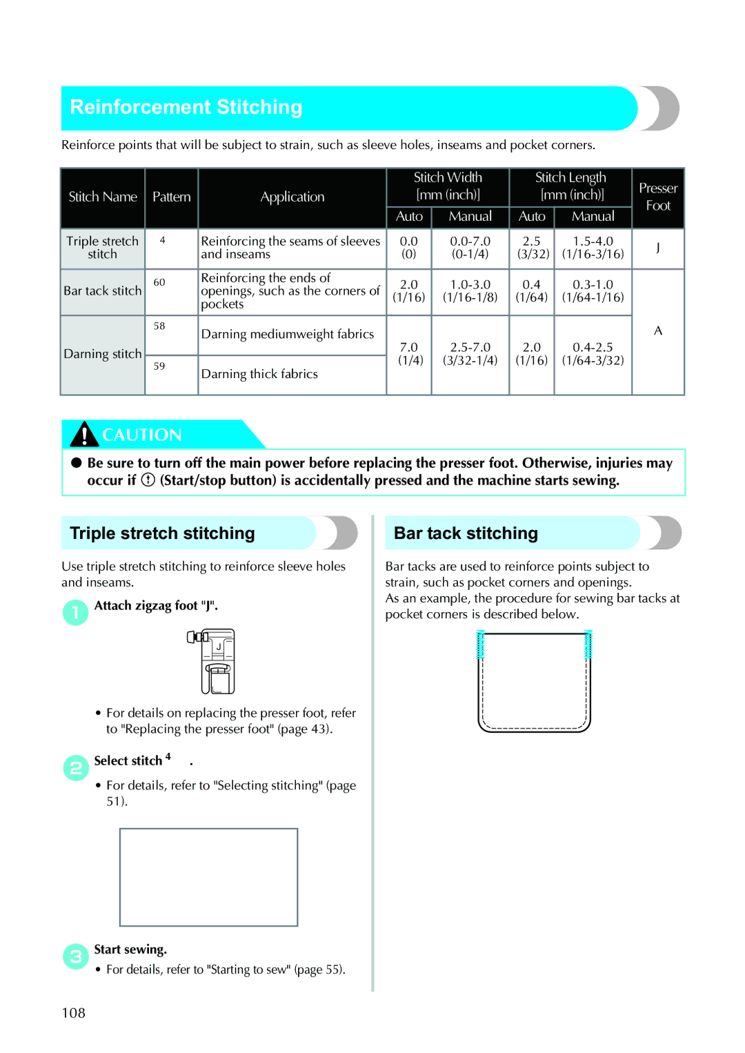 Brother 885-V95/V96/V97/V98 operation manual Reinforcement Stitching, Triple stretch stitching, Bar tack stitching, 108 