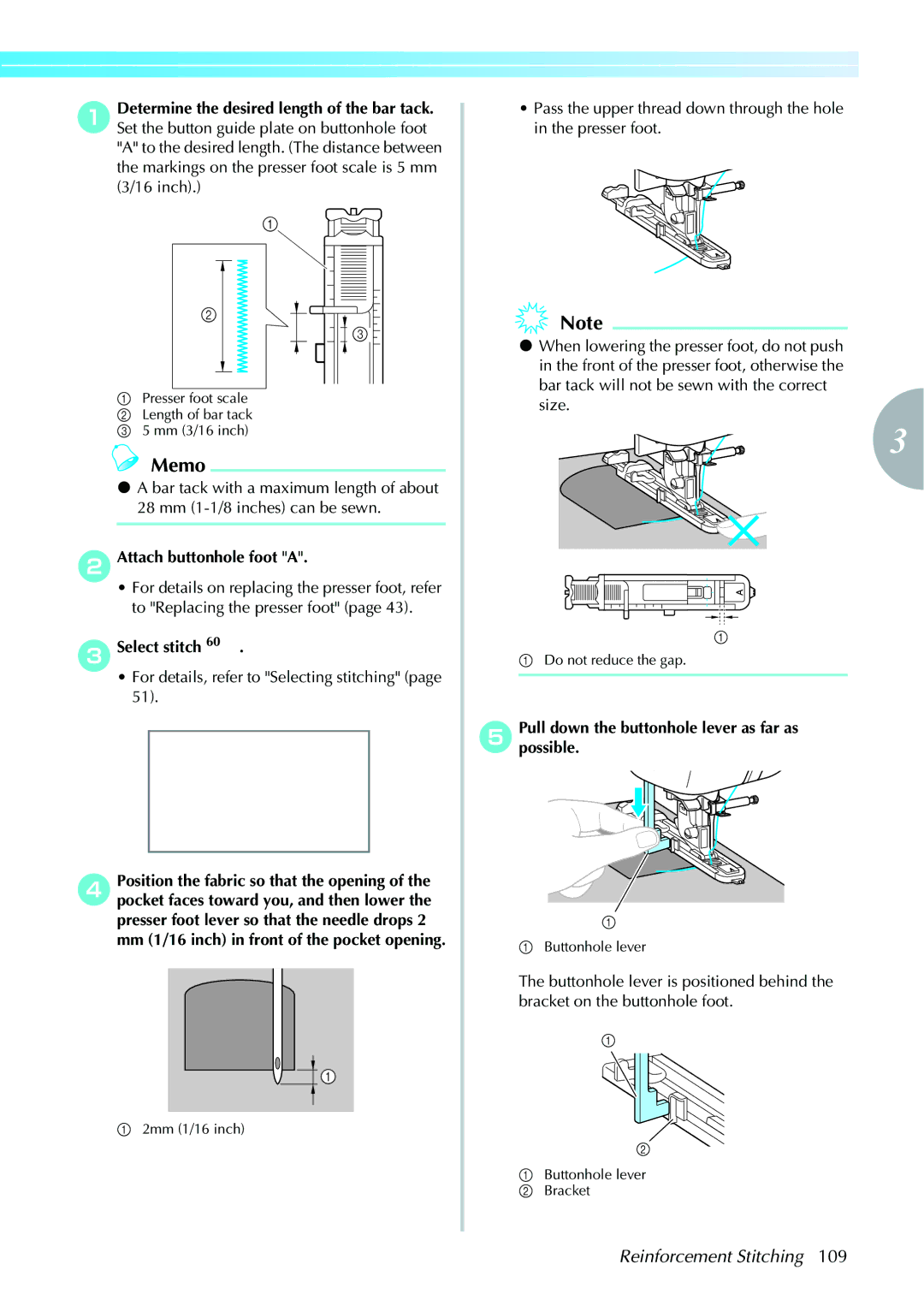 Brother computerized embroidery and sewing machine, 885-V95/V96/V97/V98 Reinforcement Stitching, Attach buttonhole foot a 