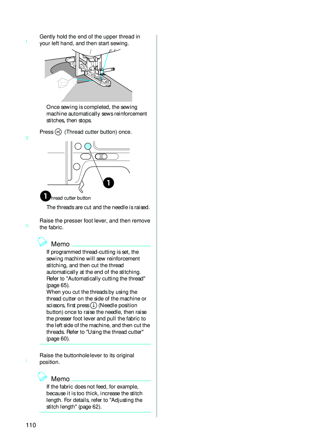 Brother 885-V95/V96/V97/V98 operation manual 110, Raise the buttonhole lever to its original position 